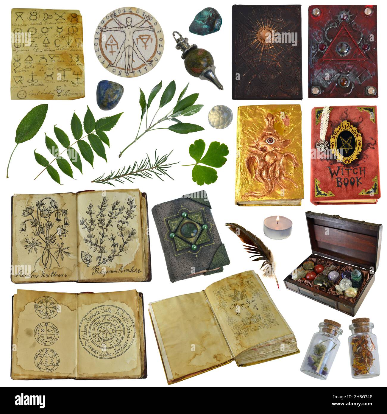 Design clip art set with herbs, witch book of spells, crystals, potion