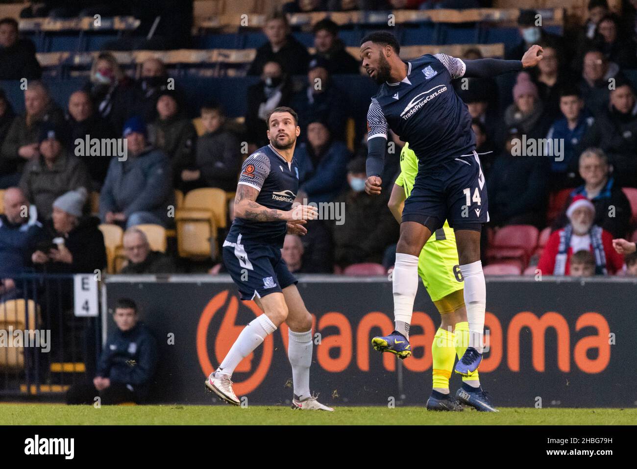 Nathan Ferguson playing for Southend in the FA Trophy 3rd round at Roots Hall, Southend United v Dorking Wanderers football match. Challenging header Stock Photo