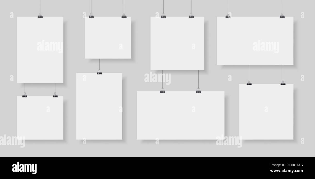 Paper poster hanging on clip and string, photo gallery mockups. Empty picture canvas display. Realistic paper pages board on wall vector set Stock Vector