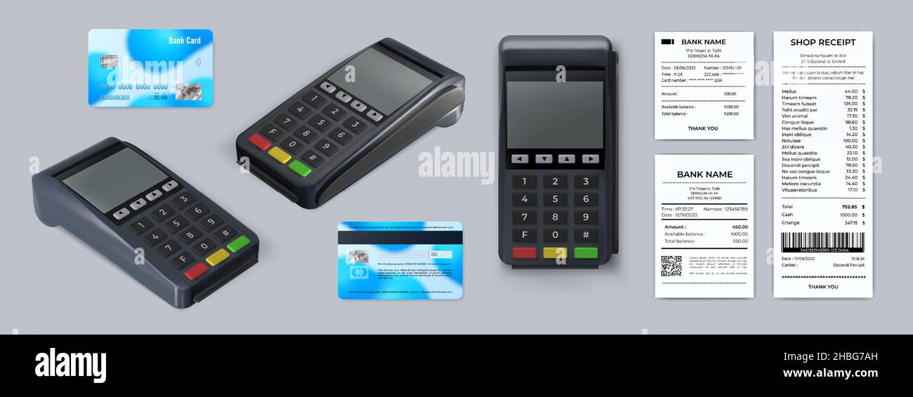 Realistic 3d pos machine top view, credit cards and receipt. Cashless