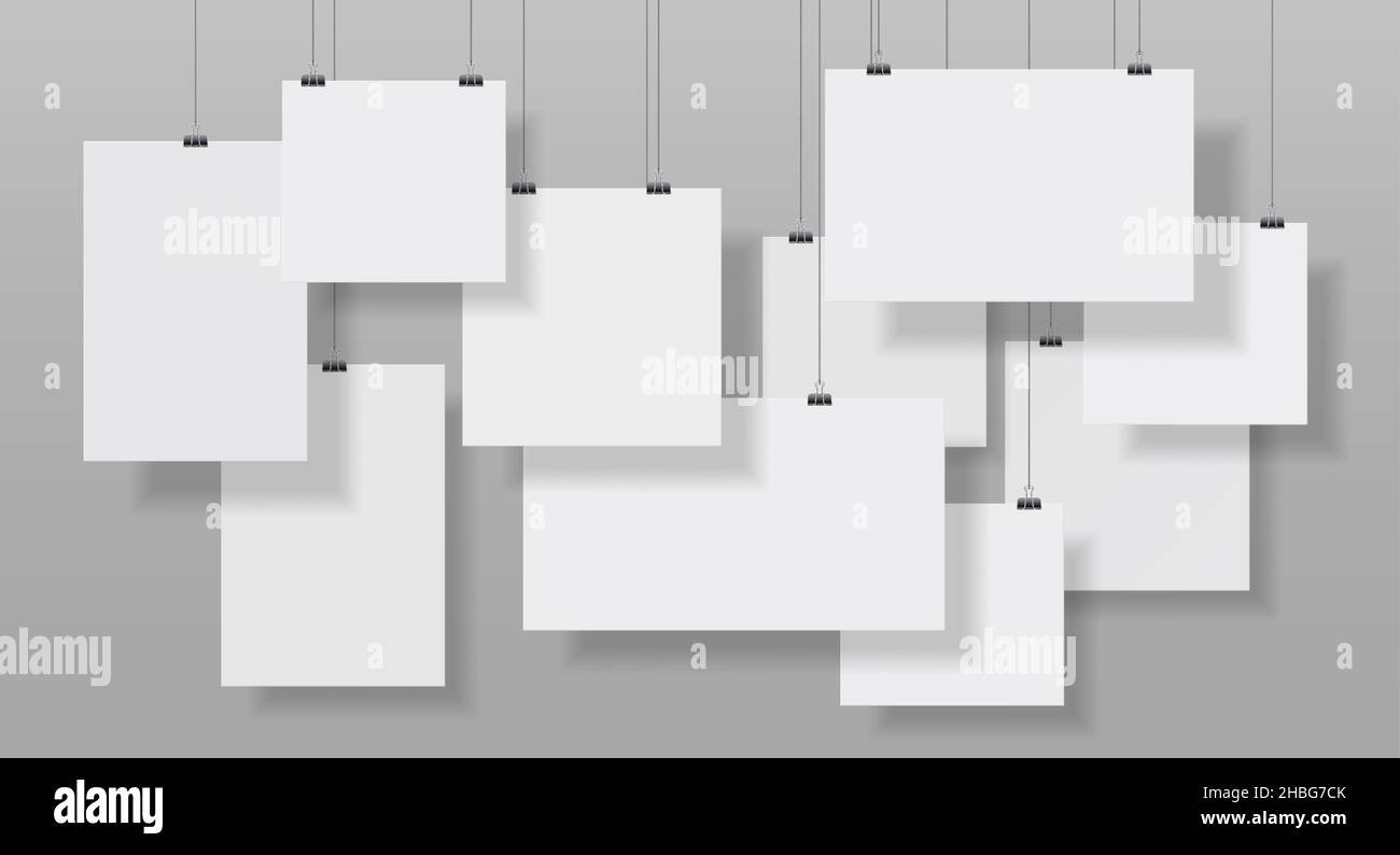 Gallery with hanging vertical posters and photos display template. A4 paper pages on clips