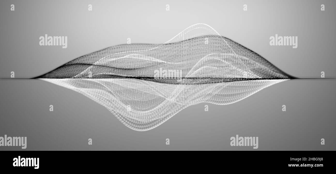Wireframe waveform structure or abstract visualization of audio sound waves on grey monochrome background Stock Photo