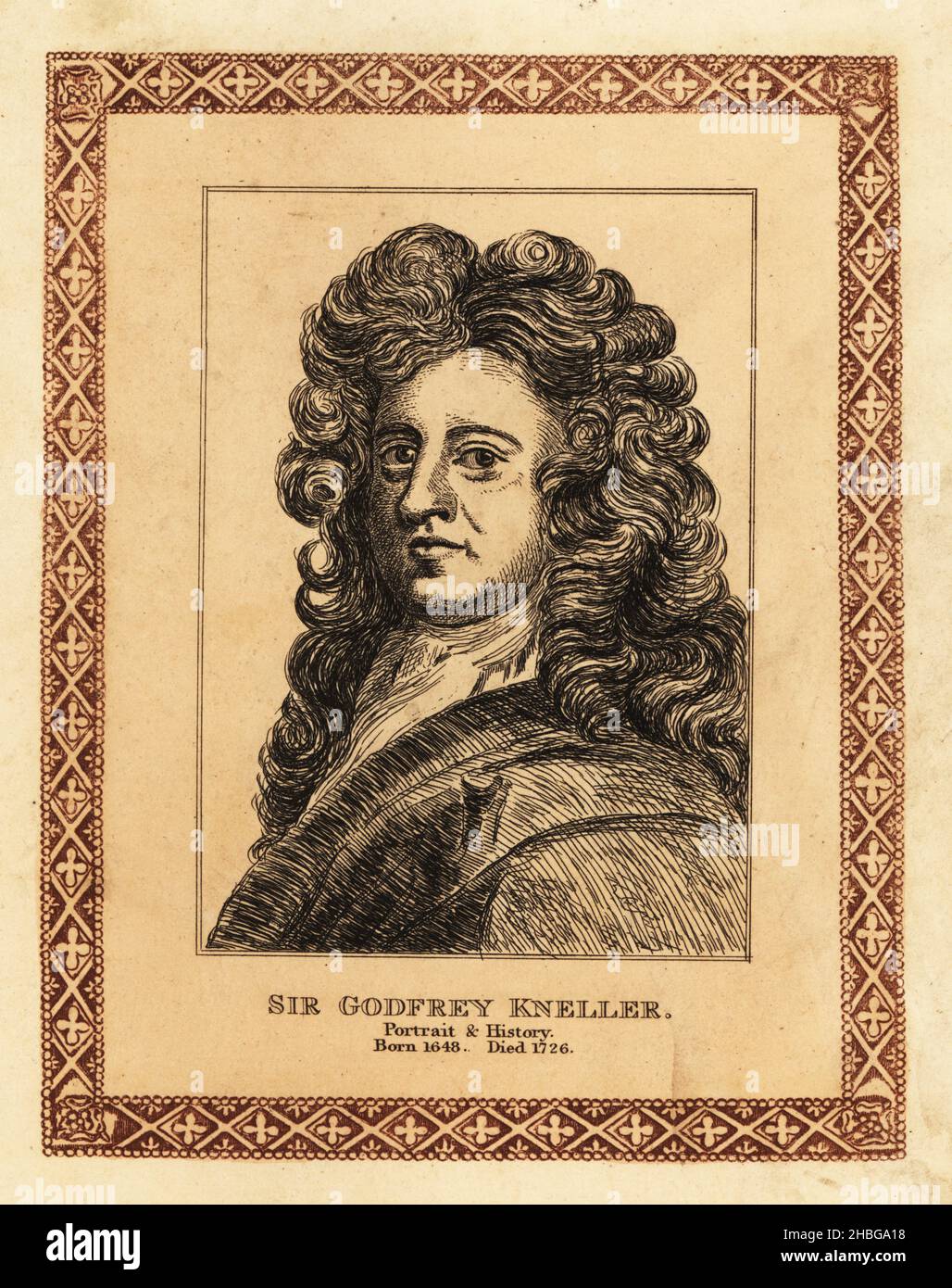 Self-portrait of Sir Godfrey Kneller, 1st Baronet, 1646-1723, portrait painter in England during the late 17th and early 18th centuries, court painter to British monarchs from King Charles II to King George I. Tinted etching within a decorative border by John Girtin after a self-portrait by Kneller from John Girtin’s Seventy-Five Portraits of Celebrated Painters from Authentic Originals, J. M’Creery, London, 1817. Stock Photo