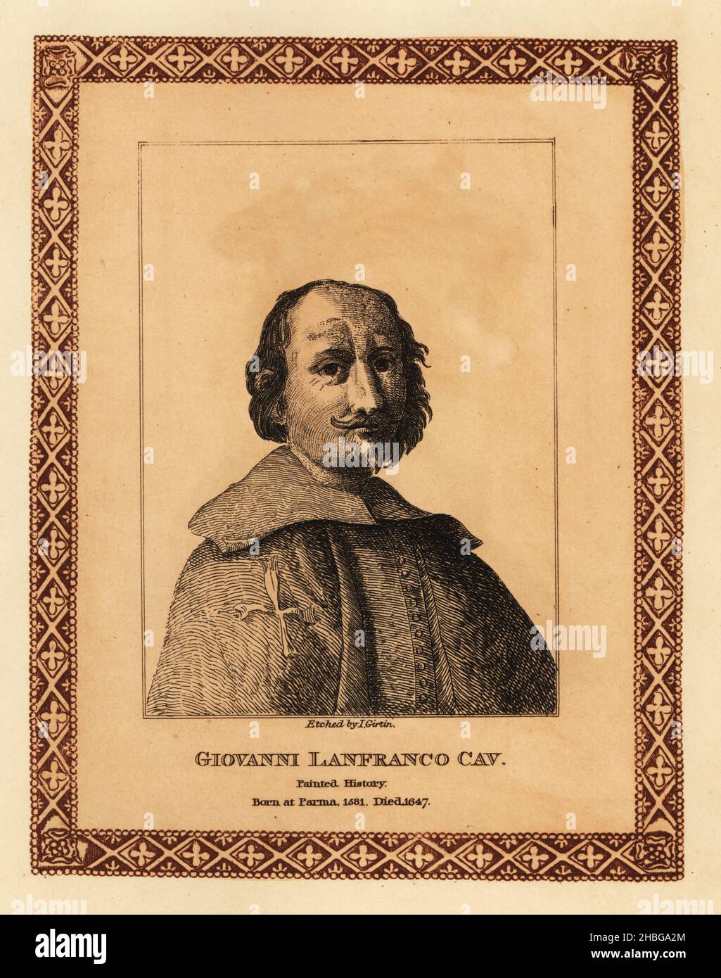 Giovanni Lanfranco, 1582-1647, Italian history painter of the Baroque period. Il cavaliere Giovanni. Giovanni Lanfranco Cav. Tinted etching within a decorative border by John Girtin after a self-portrait by Lanfranco from John Girtin’s Seventy-Five Portraits of Celebrated Painters from Authentic Originals, J. M’Creery, London, 1817. Stock Photo