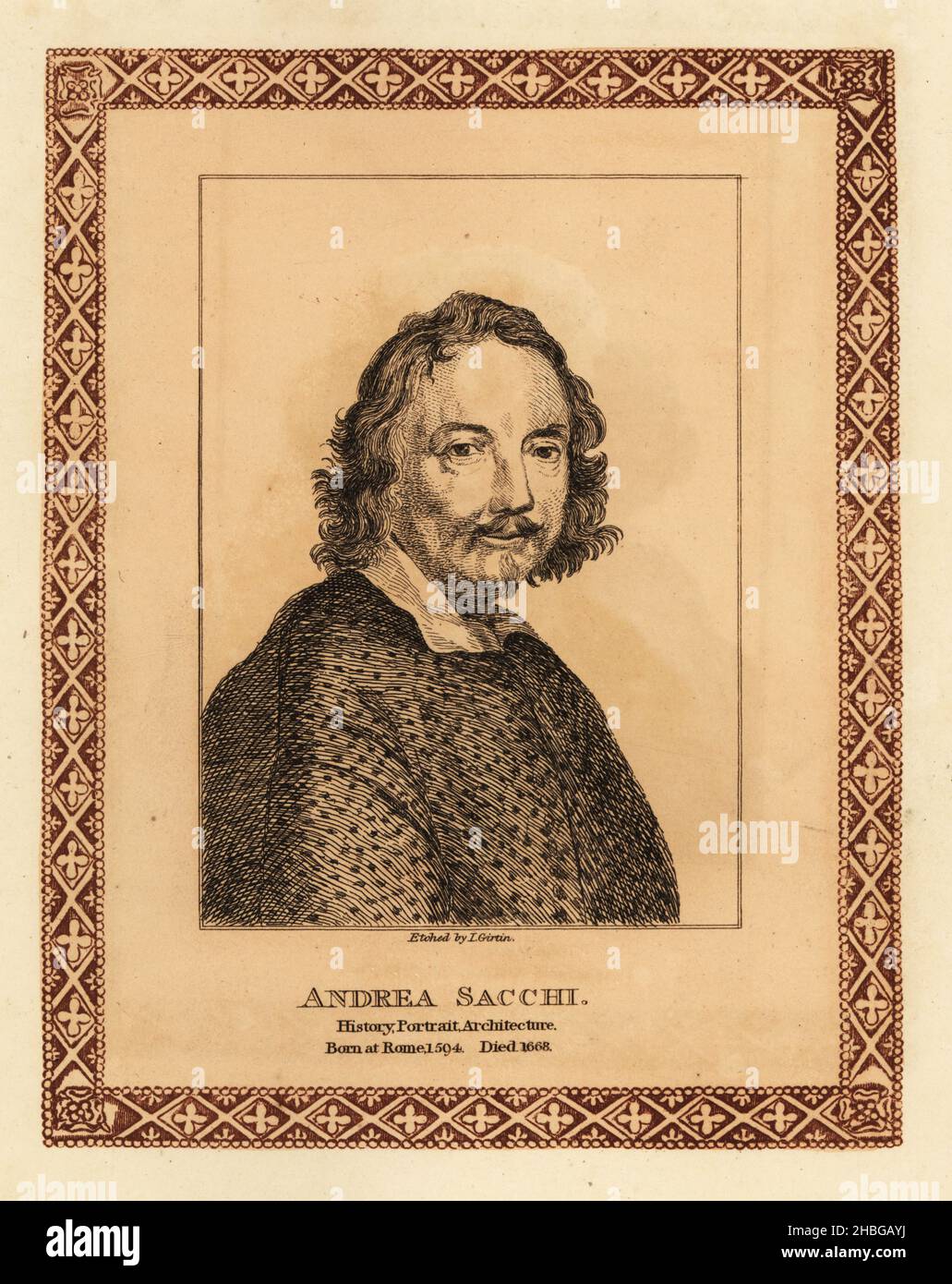 Andrea Sacchi, 1599-1661, Italian painter of High Baroque Classicism, active in Rome. Andrea Sacchi, history, portrait, architecture. Tinted etching within a decorative border by John Girtin after a portrait by Carlo Maratta from John Girtin’s Seventy-Five Portraits of Celebrated Painters from Authentic Originals, J. M’Creery, London, 1817. Stock Photo