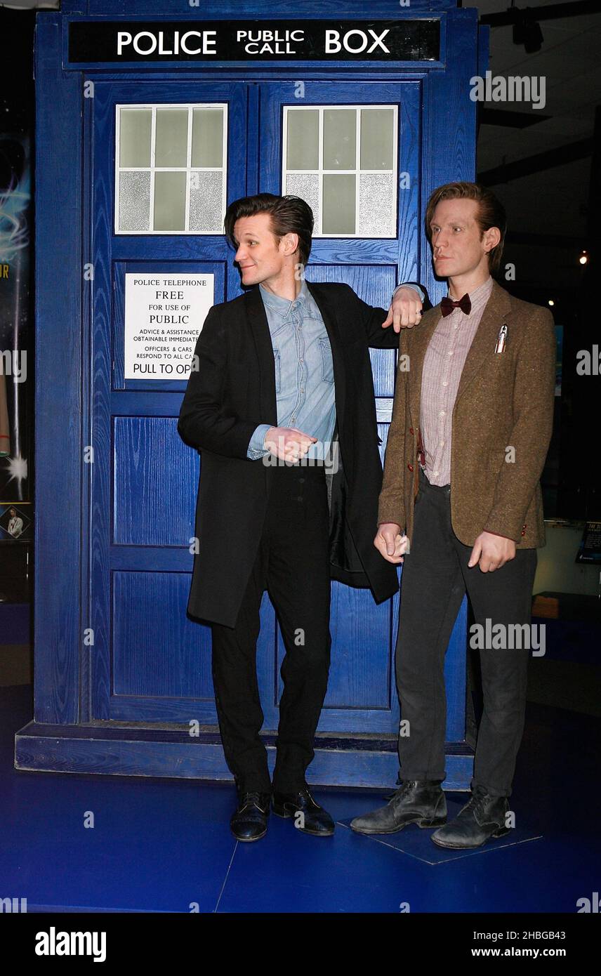 Matt Smith (left) poses next to the Tardis and a life size scale model of Doctor Who, during the VIP launch of Doctor Who Experience at Olympia Two in Kensington, west London. Stock Photo