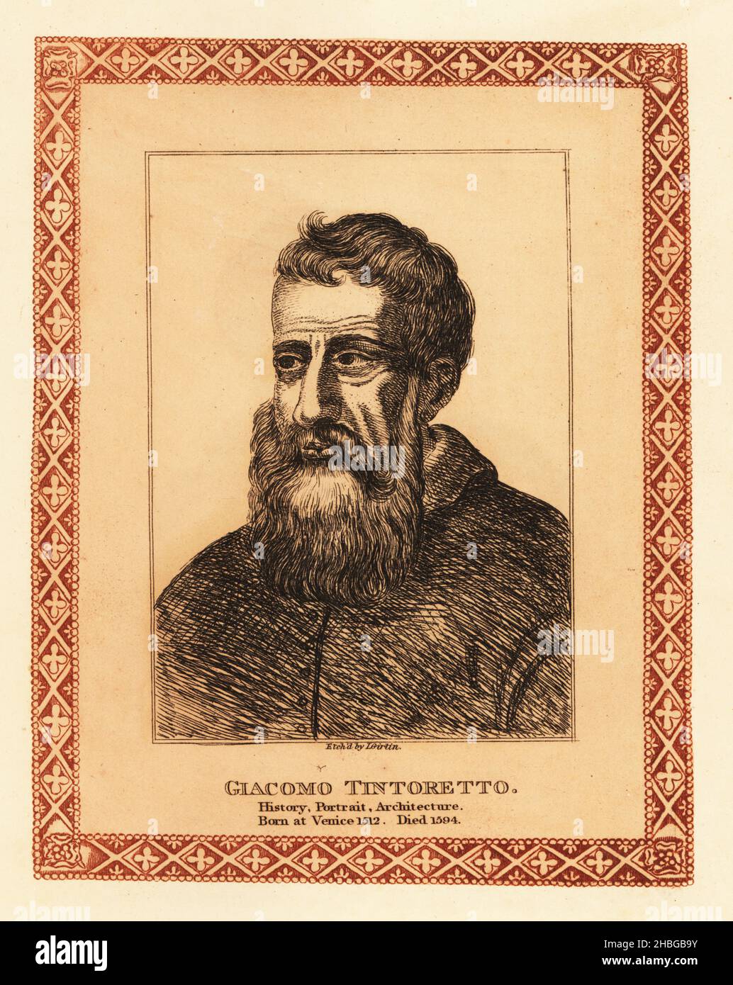 Tintoretto, 1518-1594, Italian painter identified with the Venetian school and Mannerist style. Jacopo Robusti, Giacomo Tintoretto, history, portrait, architecture. Tinted etching within a decorative border by John Girtin from John Girtin’s Seventy-Five Portraits of Celebrated Painters from Authentic Originals, J. M’Creery, London, 1817. Stock Photo