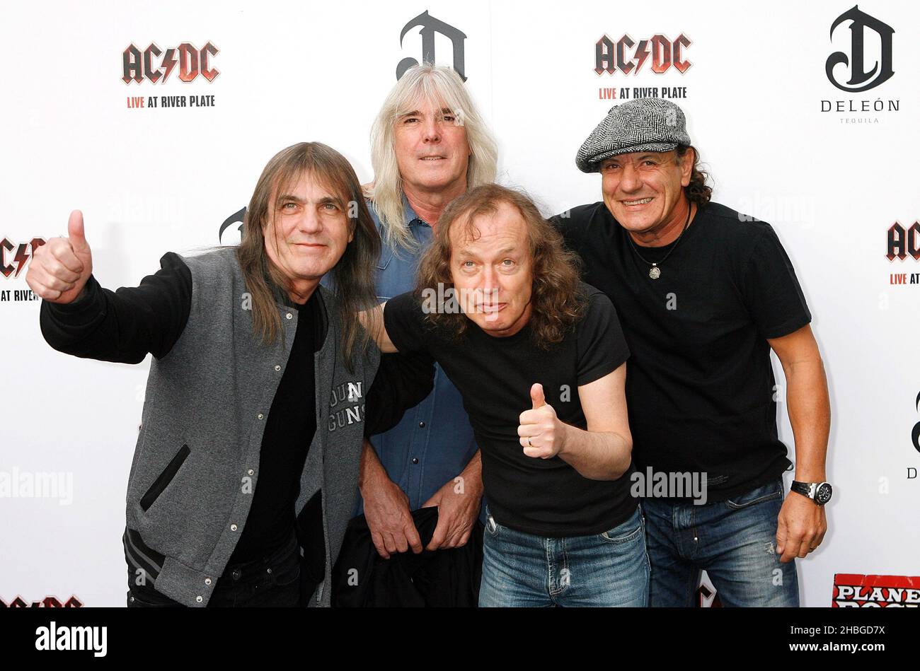 Malcolm Young, Cliff Williams, Angus Young, Brian Johnson of ACDC promote their new DVD Live at River Plate at the HMV Hammersmith Apollo in London. Stock Photo