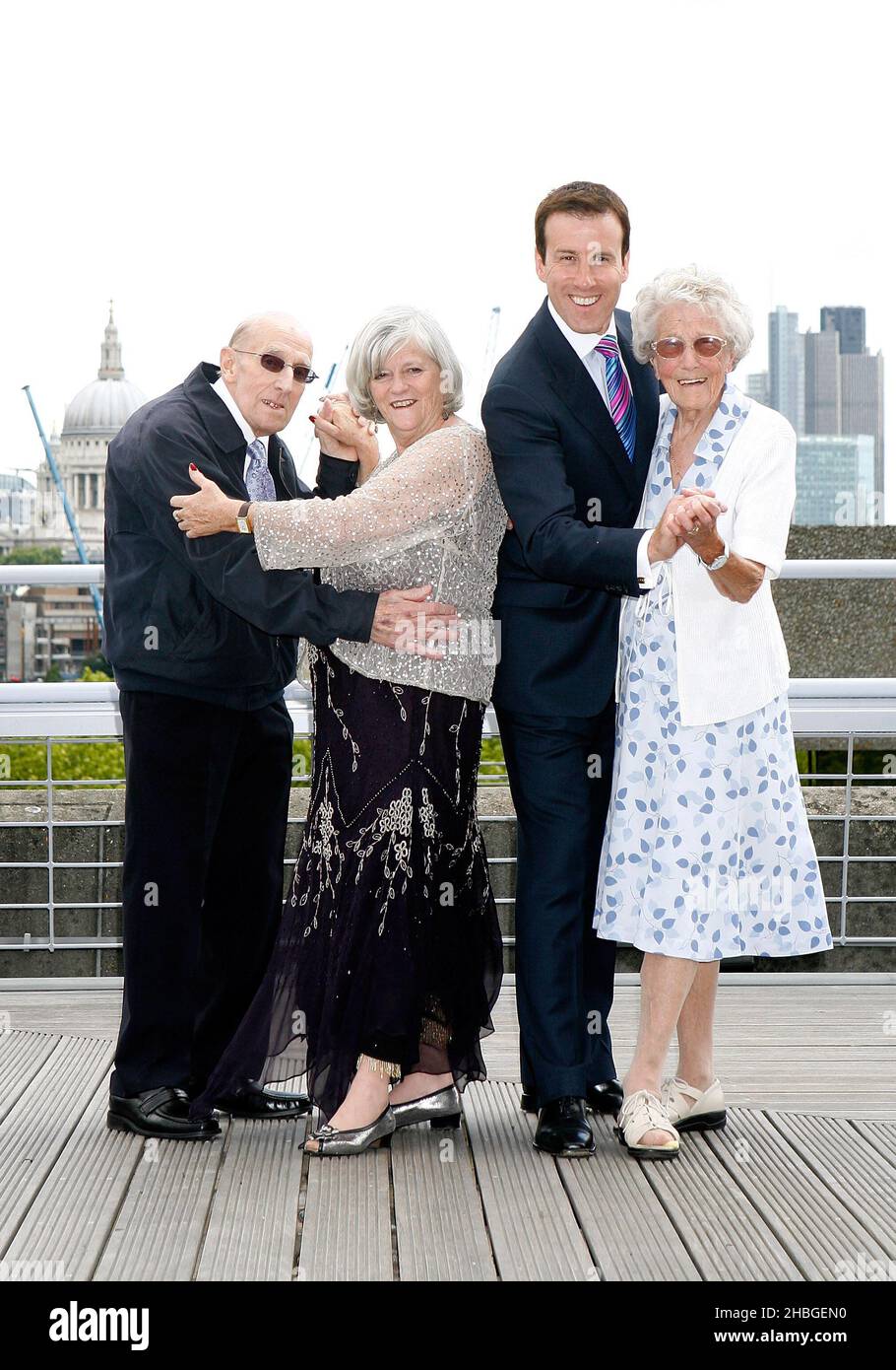Ann Widdecombe and Anton du Beke take a turn with care home residents Clifford Morgan, 84, and Eliza Evans, 92, to launch Bupa's Shall We Dance campaign, highlighting the health benefits of dancing to over 75s, at the National Theatre, South Bank, London. The campaign is calling for communities to contact their local care home to help get 30,000 people dancing in June after a Bupa report highlighted how dance can help improve mental and physical wellbeing and aid in the treatment of conditions like dementia and Parkinson's. Stock Photo