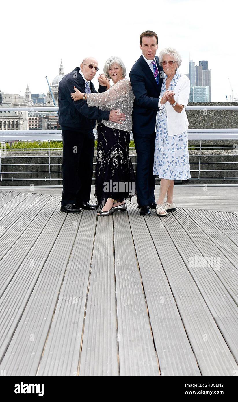 Ann Widdecombe and Anton du Beke take a turn with care home residents Clifford Morgan, 84, and Eliza Evans, 92, to launch Bupa's Shall We Dance campaign, highlighting the health benefits of dancing to over 75s, at the National Theatre, South Bank, London. The campaign is calling for communities to contact their local care home to help get 30,000 people dancing in June after a Bupa report highlighted how dance can help improve mental and physical wellbeing and aid in the treatment of conditions like dementia and Parkinson's. Stock Photo