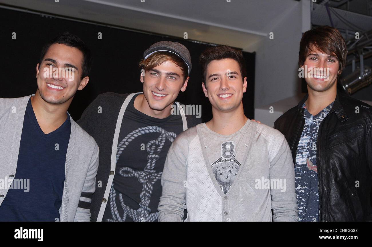 (L-R) Carlos Pena Jr, Kendall Schmidt, Logan Henderson and James Maslow of Big Time Rush attend signing at HMV Oxford Street in London. Stock Photo