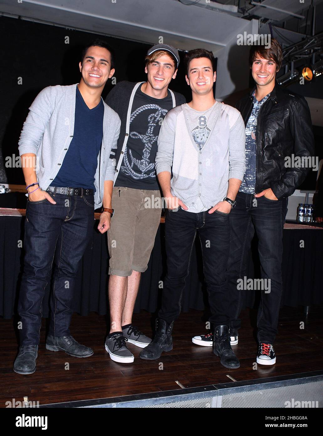 (L-R) Carlos Pena Jr, Kendall Schmidt, Logan Henderson and James Maslow of Big Time Rush attend signing at HMV Oxford Street in London. Stock Photo