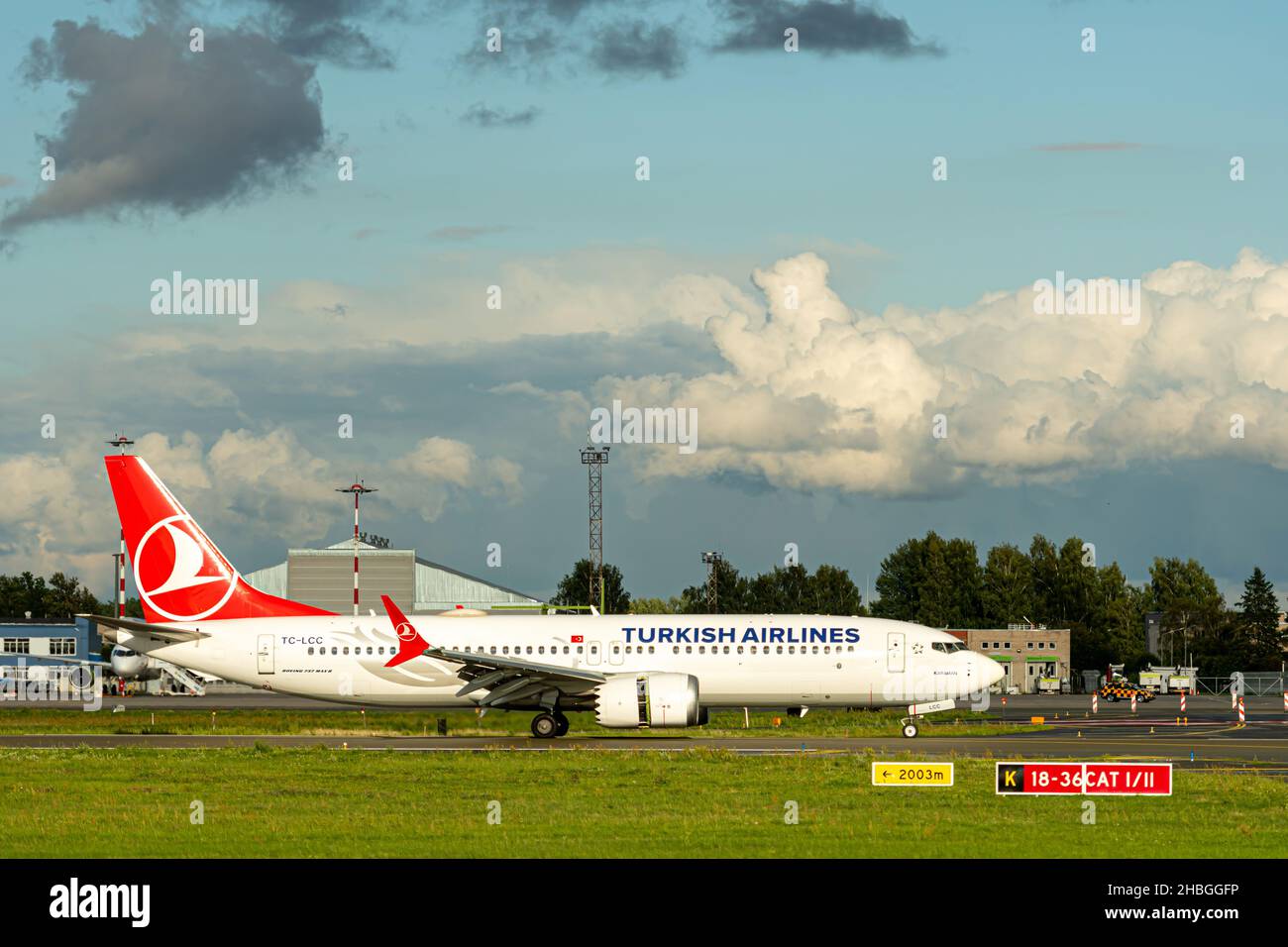 Riga, Latvia August 19, 2021 Turkish Airlines aircraft Boeing 737 max 8 (TCLCC) landing