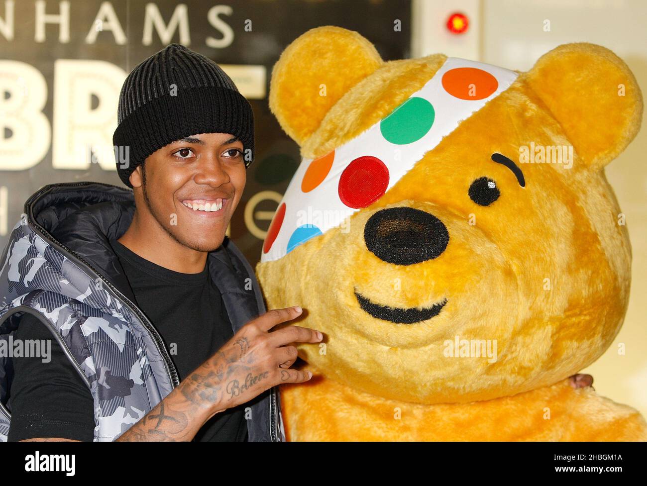 Chipmunk celebrates the launch of the BBC Children in Need Celebrity Style Challenge in association with Debenhams in the Oxford Street store window. The celebrities have designed a limited edition clothing collection to help raise money for BBC Children in Need. Stock Photo