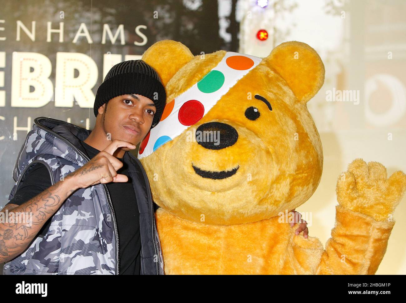 Chipmunk celebrates the launch of the BBC Children in Need Celebrity Style Challenge in association with Debenhams in the Oxford Street store window. The celebrities have designed a limited edition clothing collection to help raise money for BBC Children in Need. Stock Photo