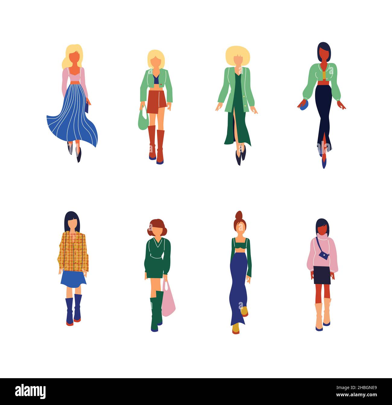 Collection of stylish young women dressed in trendy clothes. Vector ...