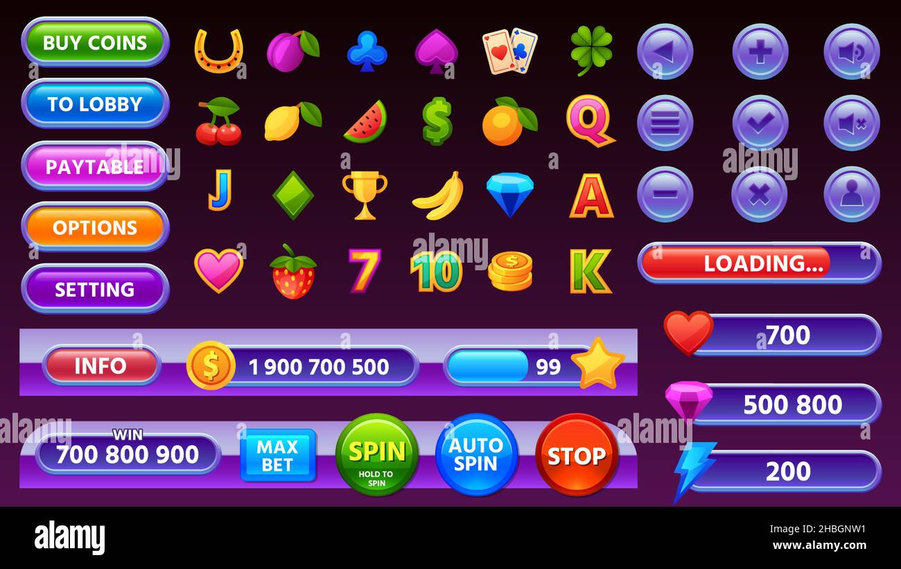 Casino game user interface menu, icons and buttons. Cartoon mobile gamble slot machine gui elements, progress bar and coin panel vector set Stock Vector