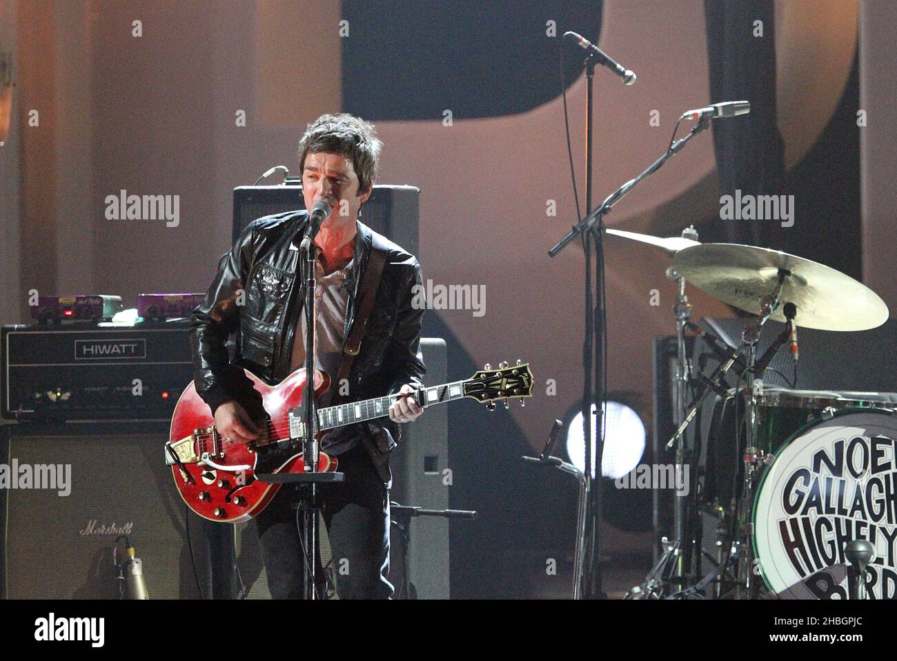 Noel Gallagher's Flying High Birds perform during the 2012 Brit awards at The O2 Arena, London. Stock Photo