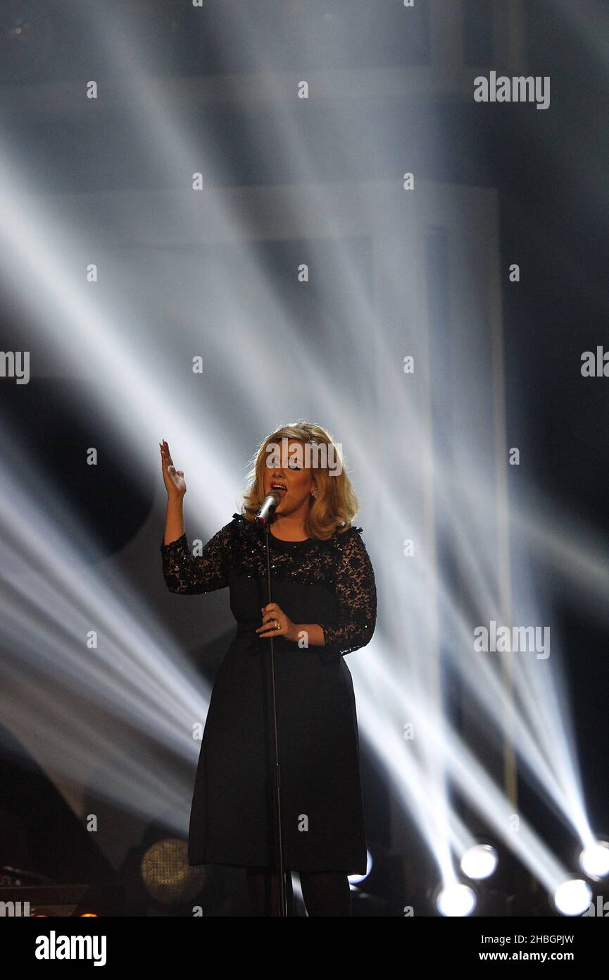 Adele performs during the 2012 Brit awards at The O2 Arena, London. Stock Photo