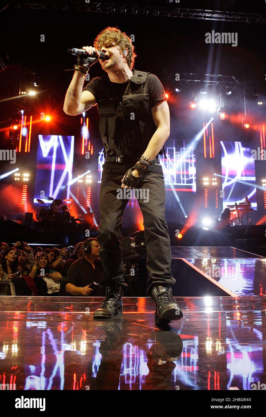 Jay McGuinness of The Wanted performs on stage at the O2 Arena in London. Stock Photo