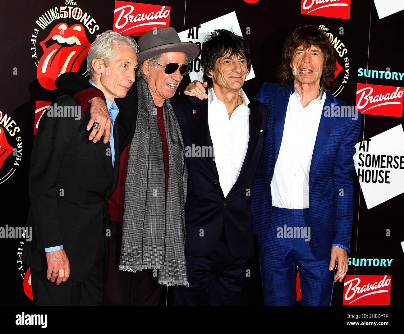 (Left - right) Charlie Watts, Keith Richards, Ronnie Wood and Mick Jagger arrive at the Rolling Stones: 50 photographic exhibition at Somerset House, London. Stock Photo