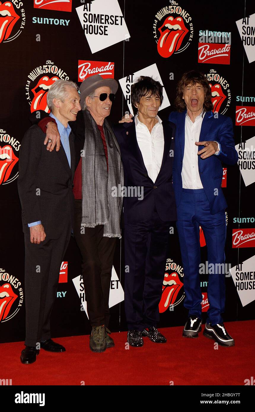 (Left - right) Charlie Watts, Keith Richards, Ronnie Wood and Mick Jagger arrive at the Rolling Stones: 50 photographic exhibition at Somerset House, London. Stock Photo