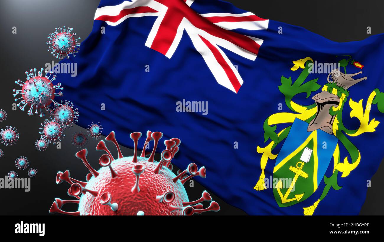 Pitcairn and the covid pandemic - corona virus attacking national flag of Pitcairn to symbolize the fight, struggle and the virus presence in this cou Stock Photo