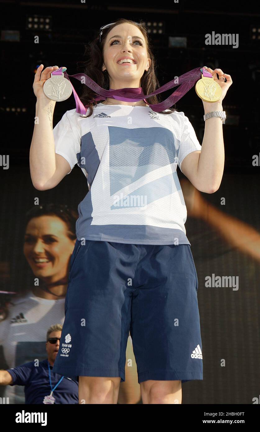 Victoria Pendleton, Olympic Gold medalist in the female Keirin and Silver Medalist in the women's cycling Sprint, attends the BT London Live Concert celebrating the Olympic Games in Hyde Park, Central London. Stock Photo