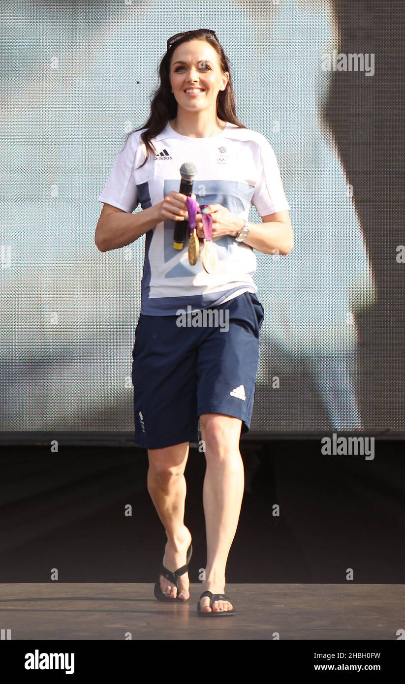 Victoria Pendleton, Olympic Gold medalist in the female Keirin and Silver Medalist in the women's cycling Sprint, attends the BT London Live Concert celebrating the Olympic Games in Hyde Park, Central London. Stock Photo