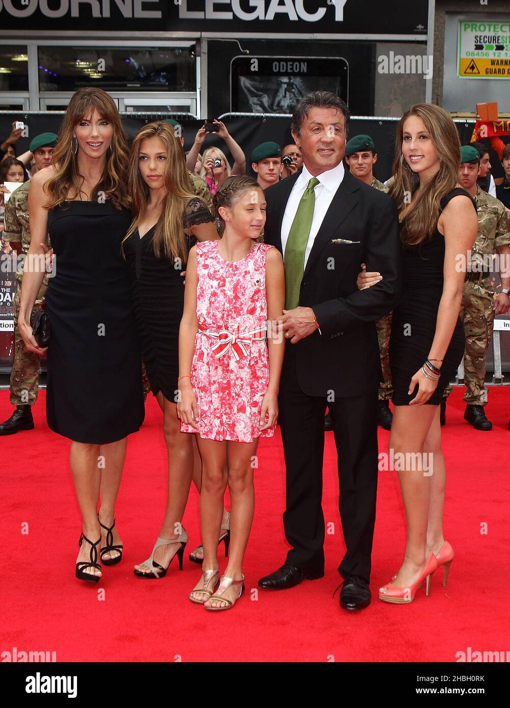 Sylvester Stallone, wife Jennifer Flavin and daughters attend The Expendables 2 'Back For War' UK Premier at The Empire Theatre in Leicester Square, London. Stock Photo