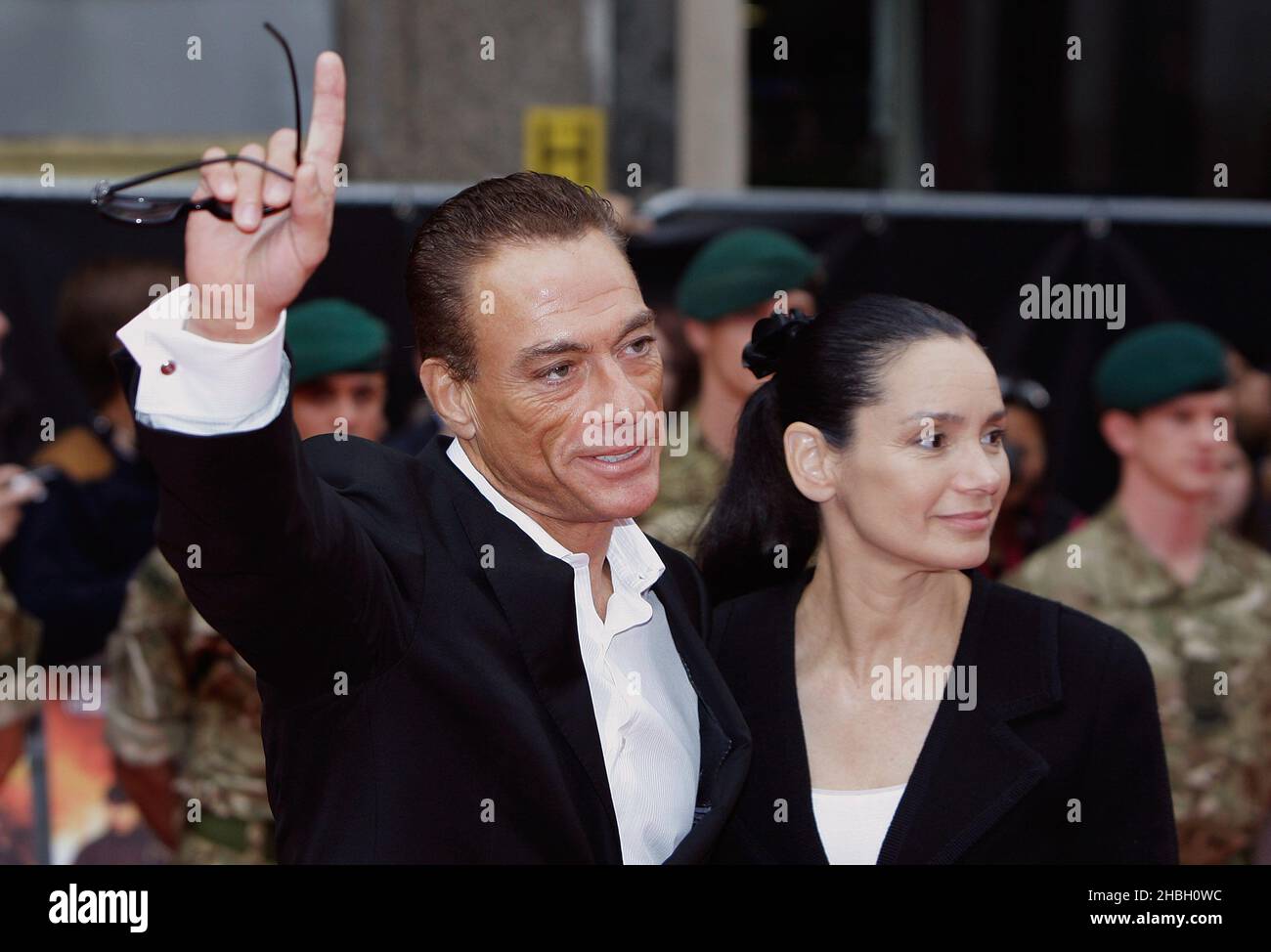 Jean-Claude Van Damme and Gladys Portugues Van Damme attend The Expendables 2 'Back For War' UK Premier at The Empire Theatre in Leicester Square, London. Stock Photo
