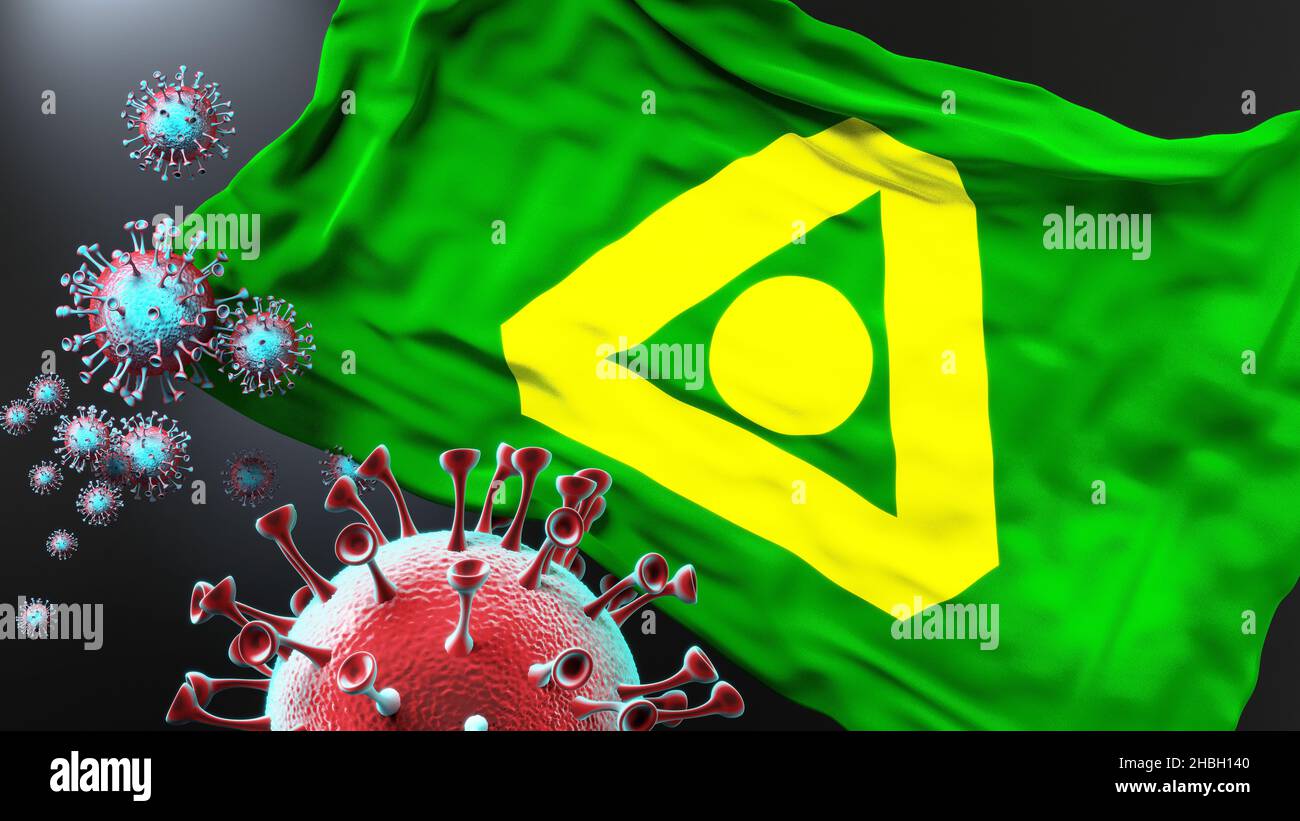 Delta British Columbia and covid pandemic - virus attacking a city flag of Delta British Columbia as a symbol of a fight and struggle with the virus p Stock Photo