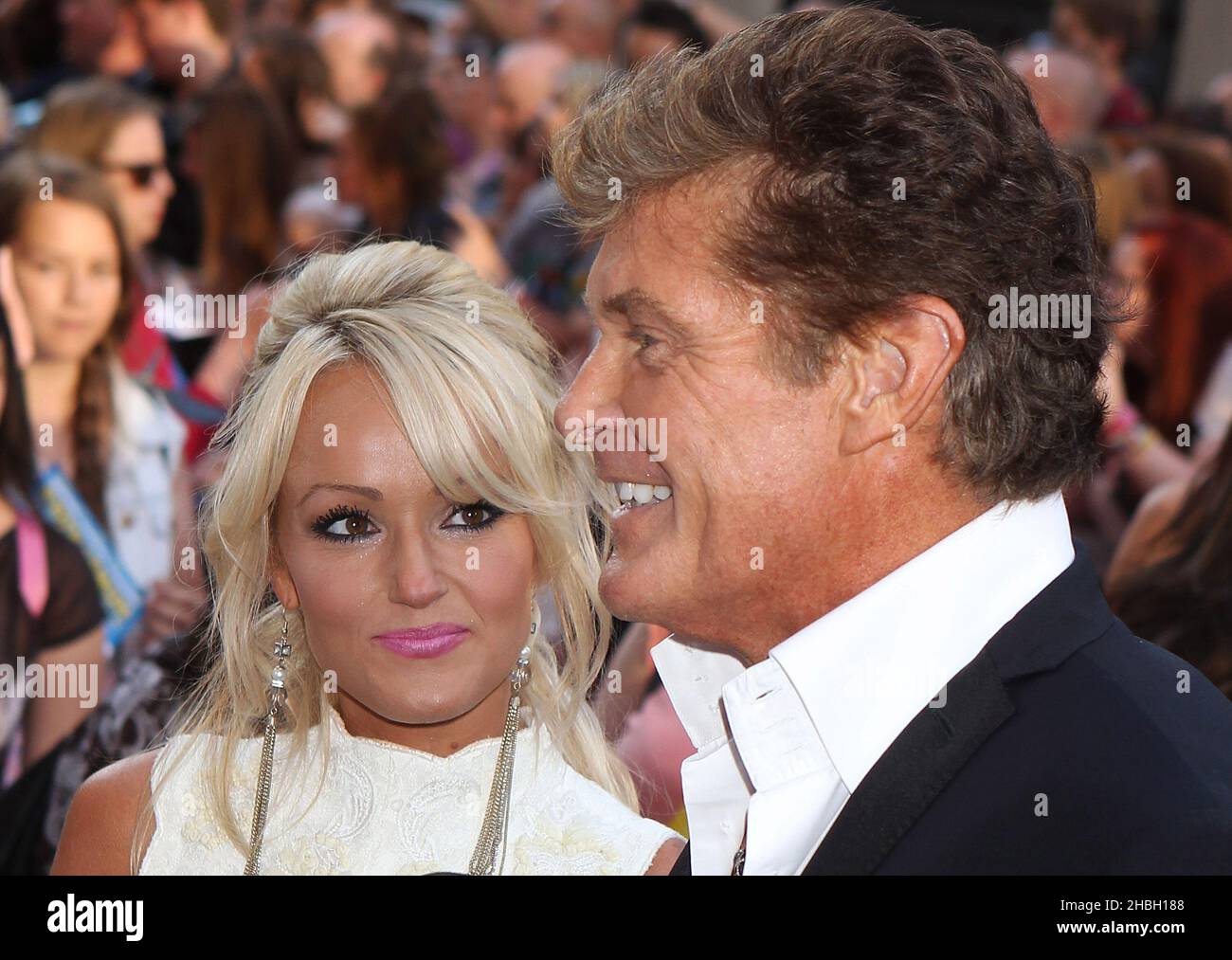 Hayley Roberts and David Hasselhoff arriving at the World Premier of Keith Lemon The Film at the Odeon West End,Leicester Square in London. Stock Photo