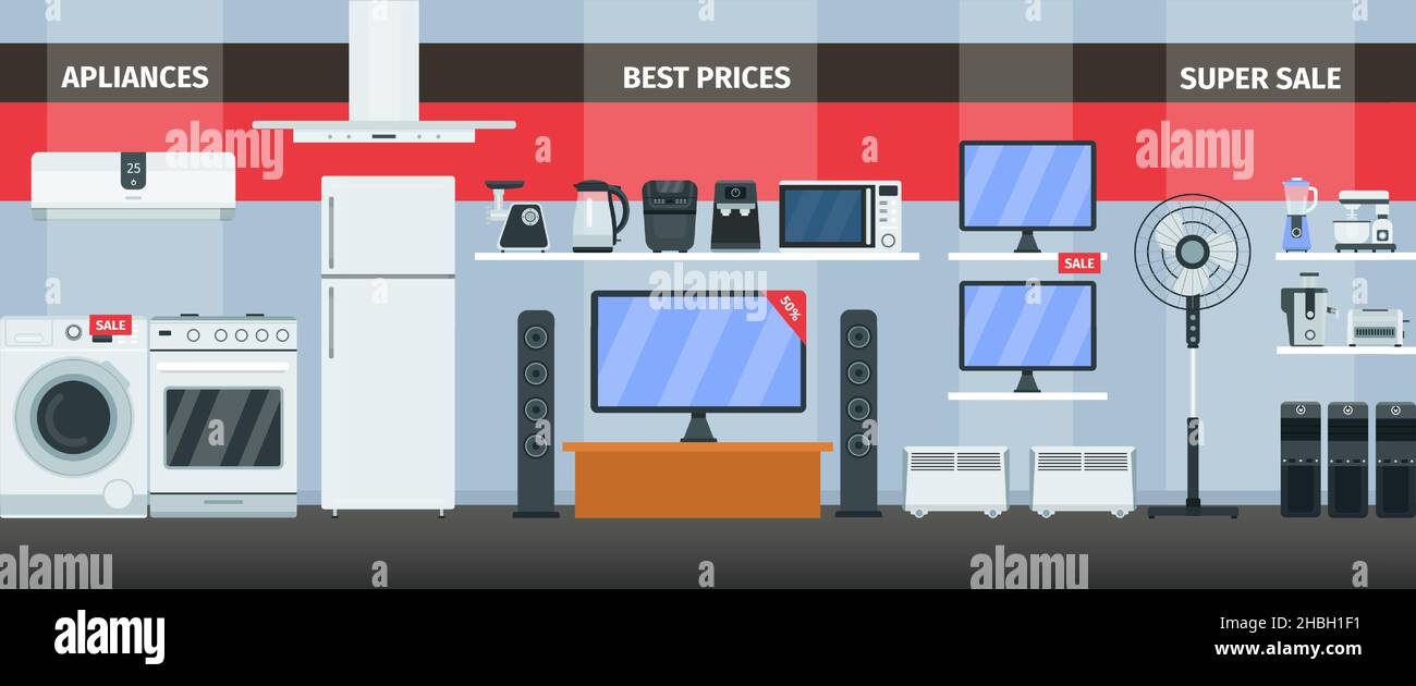 Home appliances and electronics product store interior with discount