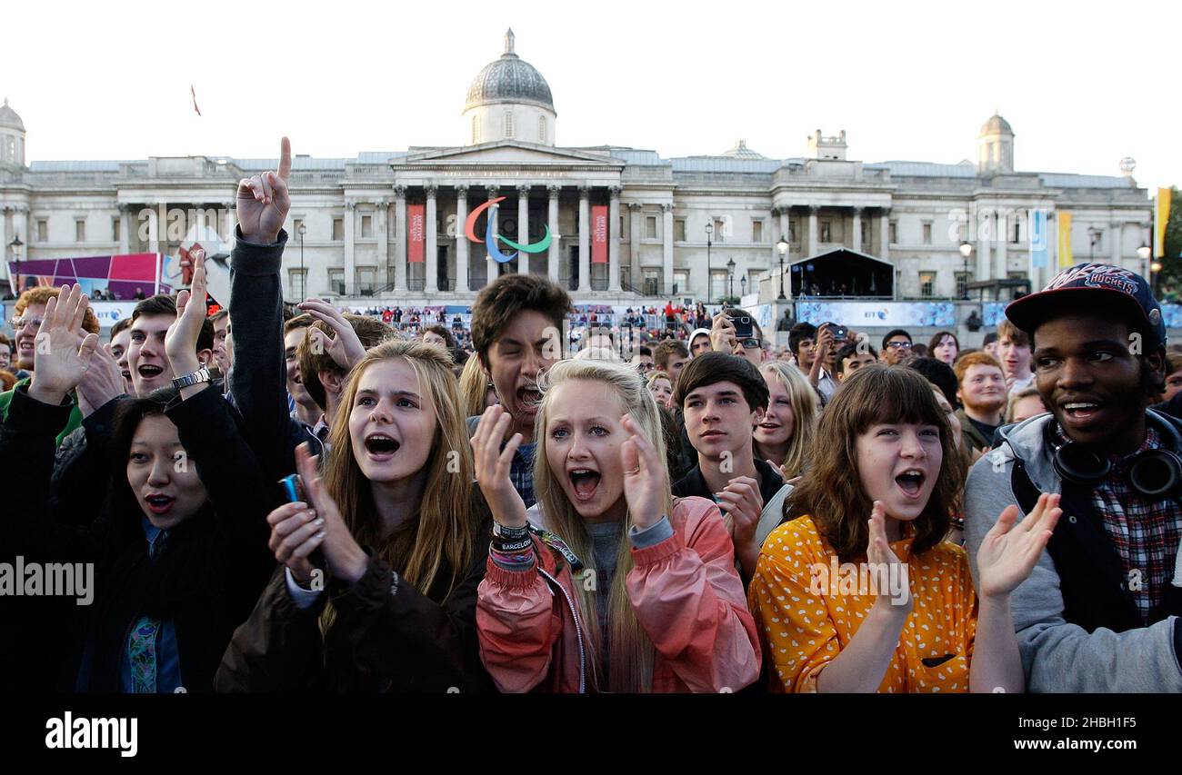 Fans of Spector who performed live at the BT London Live Paralympics Opening Ceremony at Trafalgar Square in London. Stock Photo