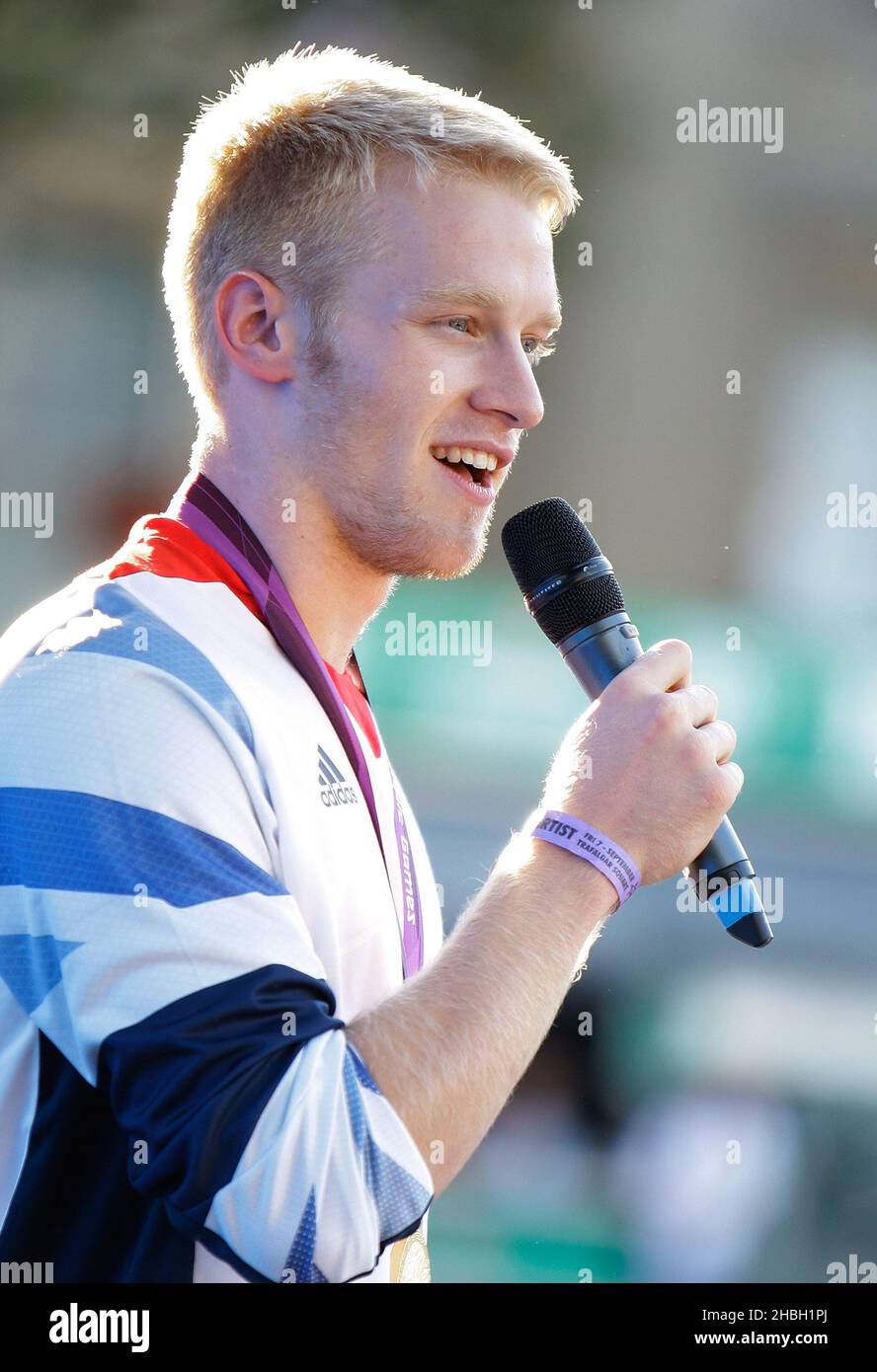 Team GB Paralympic Gold Medalist Jonnie Peacock at BT London Live at Trafalgar Square in London. Stock Photo