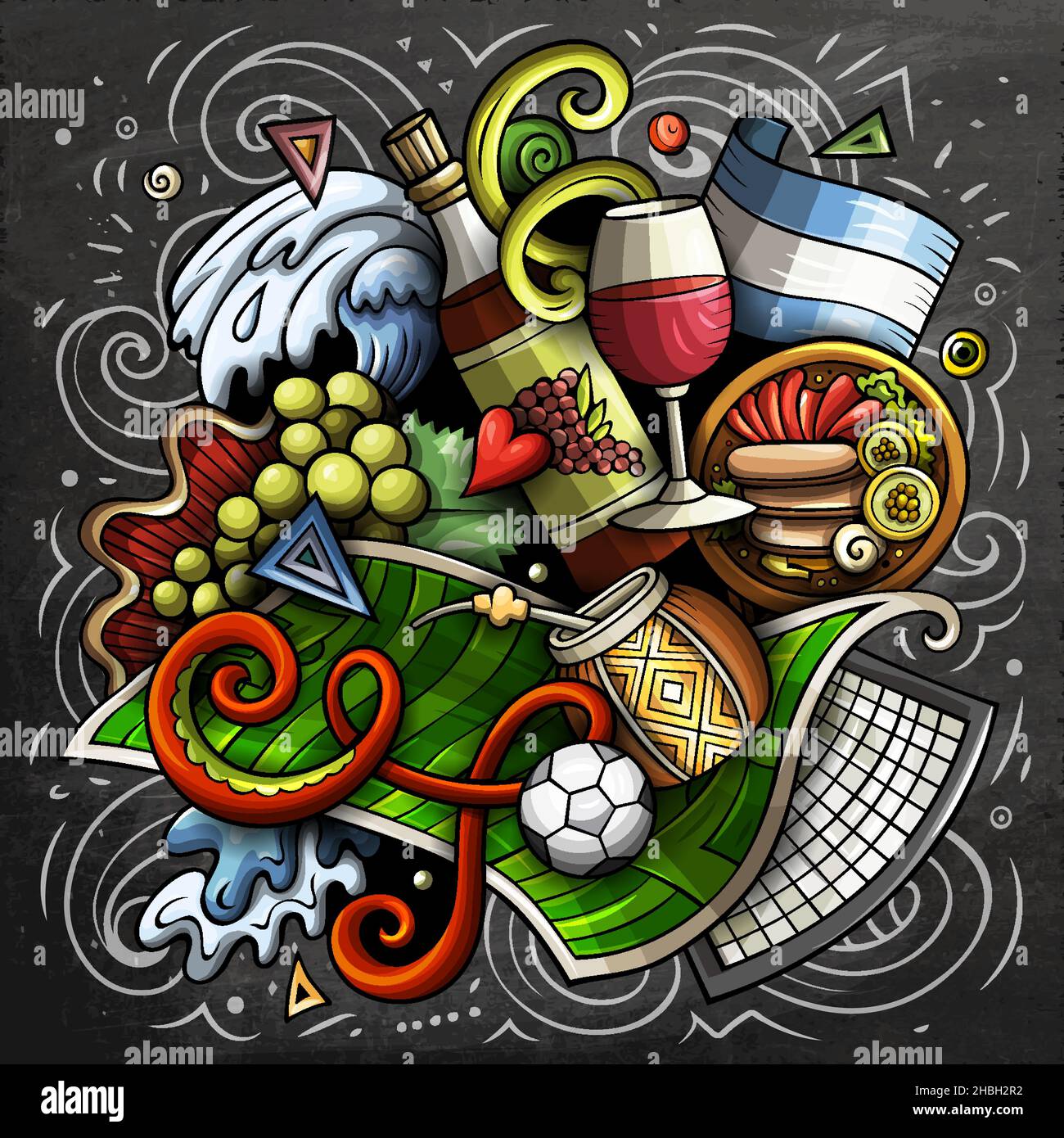 Argentina cartoon vector doodle chalkboard illustration. Colorful detailed composition with lot of Argentinian objects and symbols Stock Vector