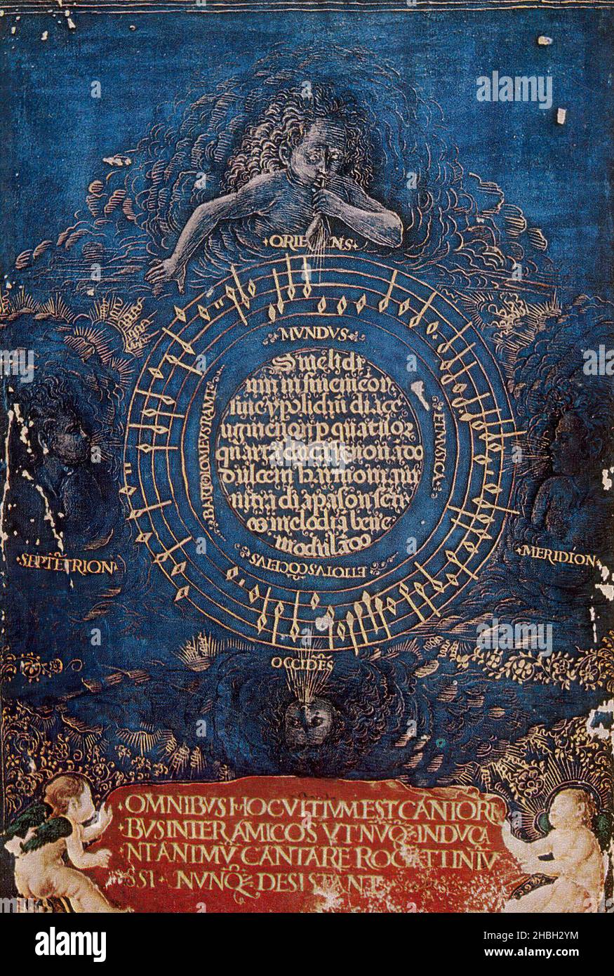 Canon emblemático a cuatro voces Mundus et musica et totus concentusde Bartolomé Ramos de Pareja, incluido en un cancionero florentino  del último cuarto del siglo XV. Stock Photo