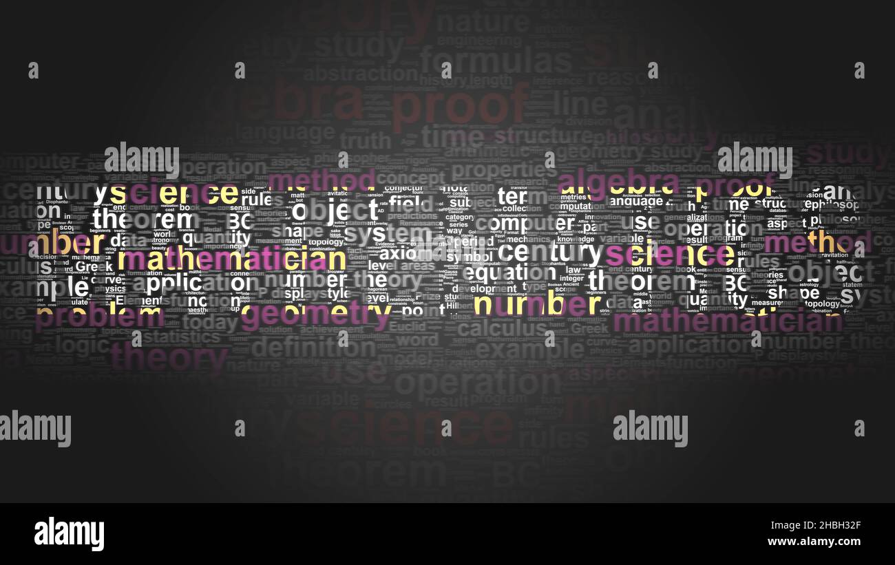 Mathematics - essential terms related to Mathematics arranged by importance in a 4-color word cloud poster. Reveal primary and peripheral concepts rel Stock Photo
