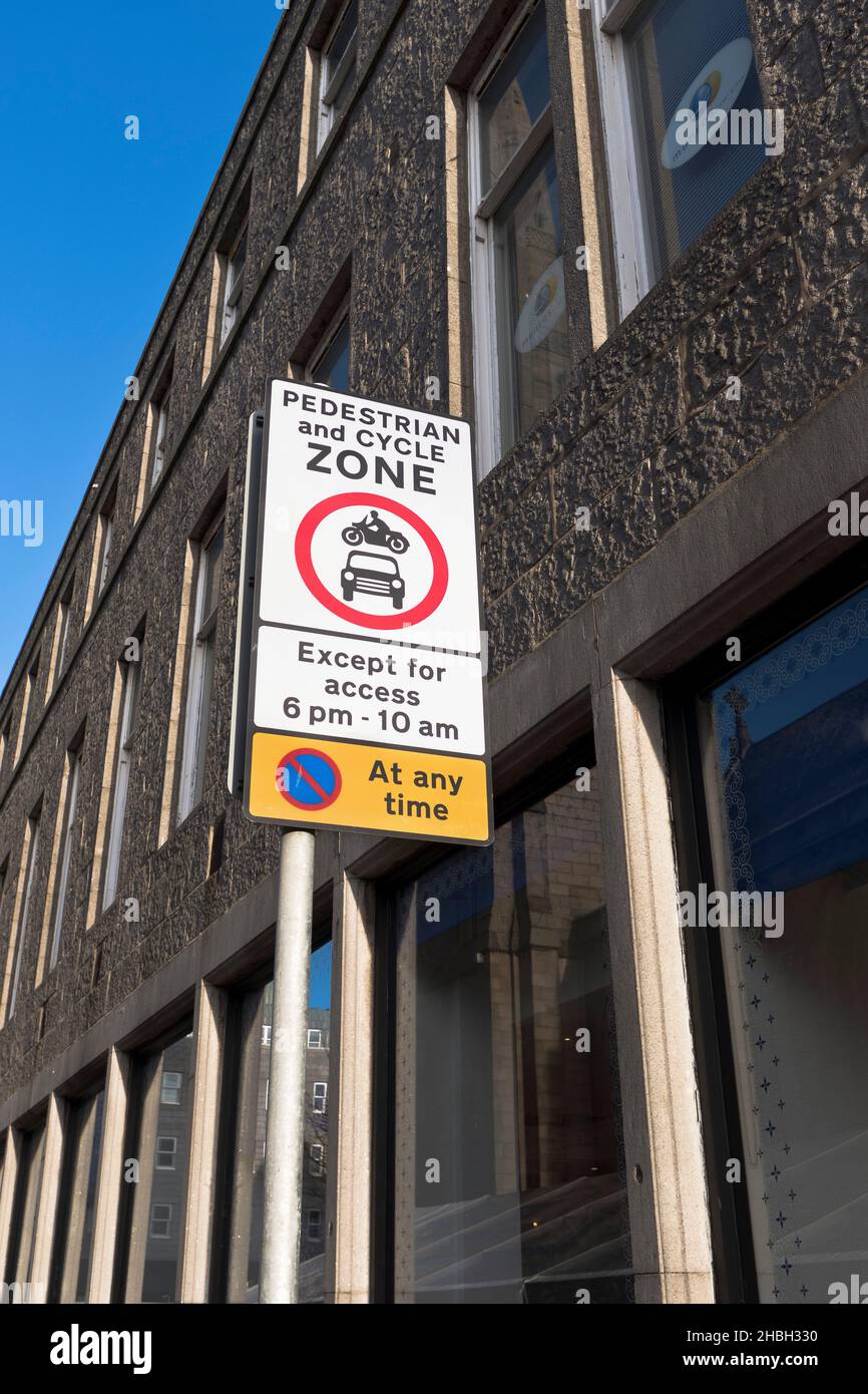 dh Pedestrian cyclist zone SIGN UK Vehicle access area restrictions street signs Aberdeen Scotland restricted Stock Photo