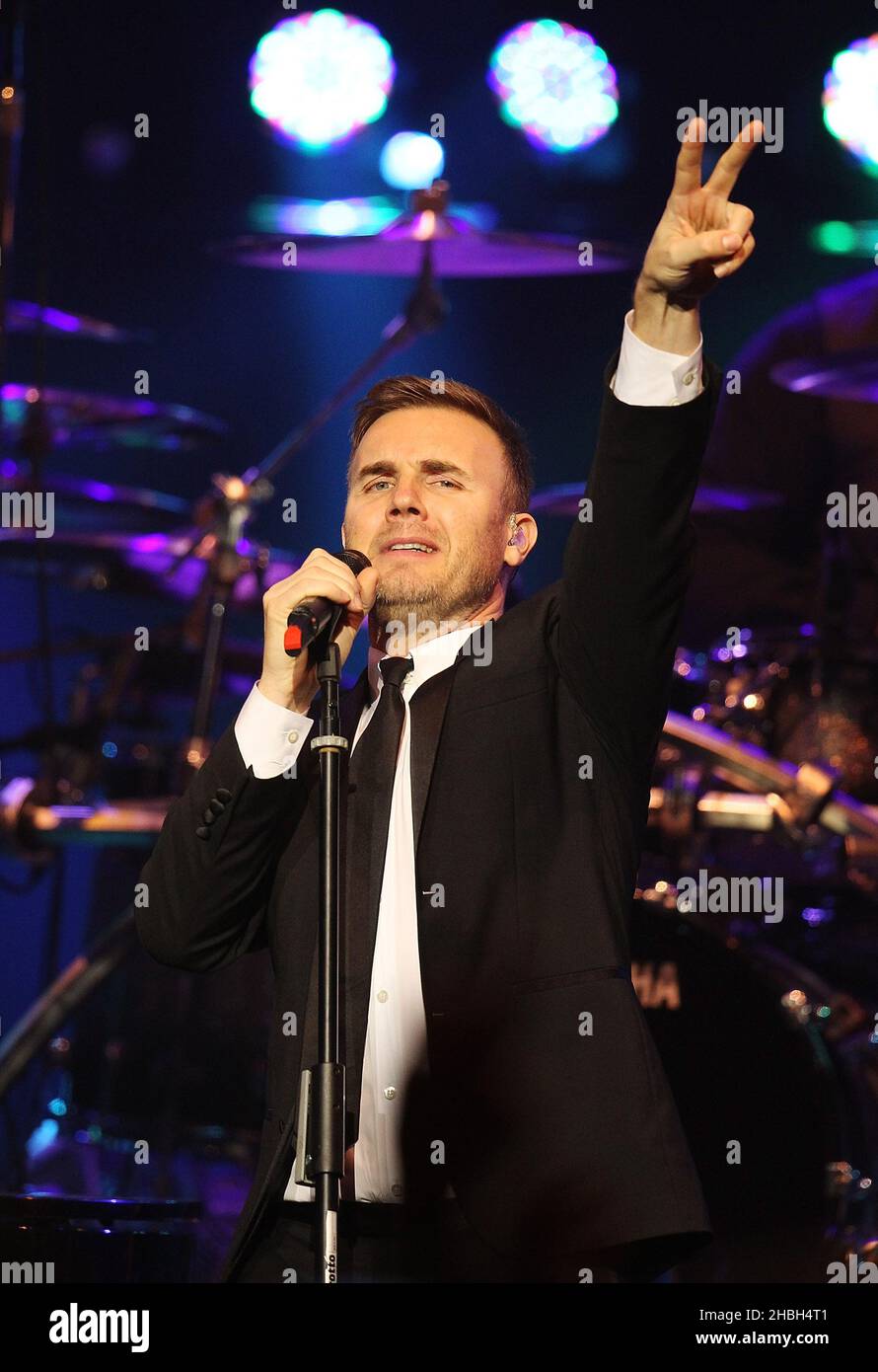 Gary Barlow performs live at the Royal Albert Hall in London. Stock Photo