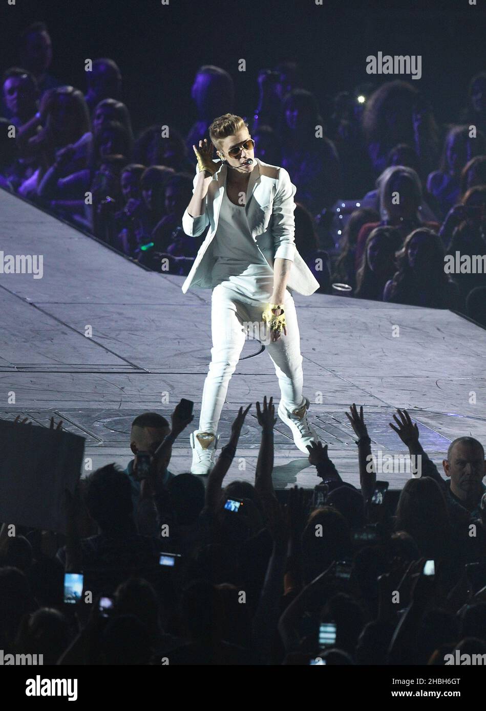 Justin Bieber performs at the 02 Arena in London. Stock Photo