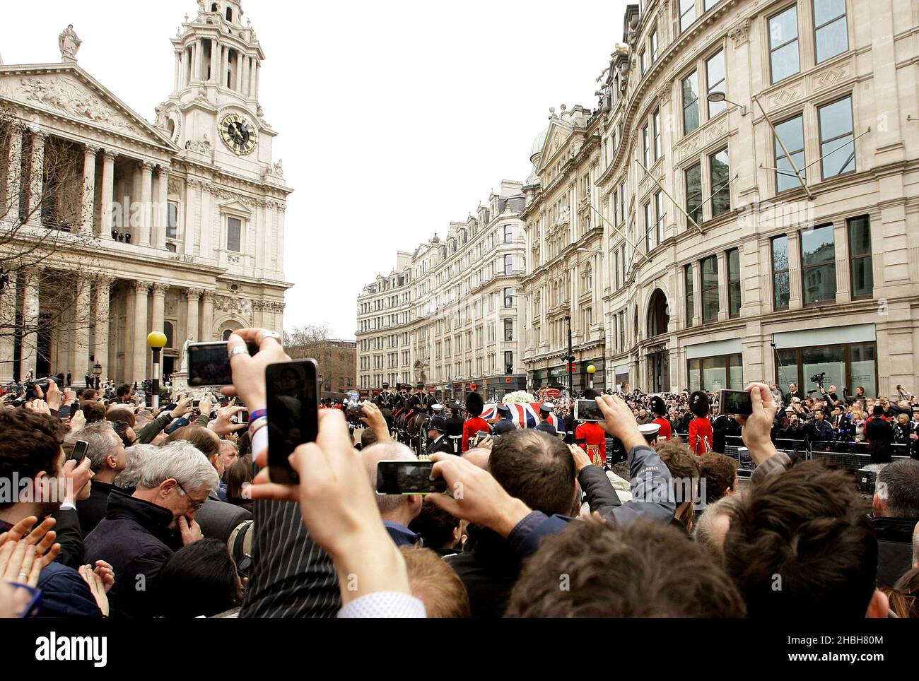 Baroness Thatcher's coffin arrives at St Paul's Cathedral in Central London. Stock Photo