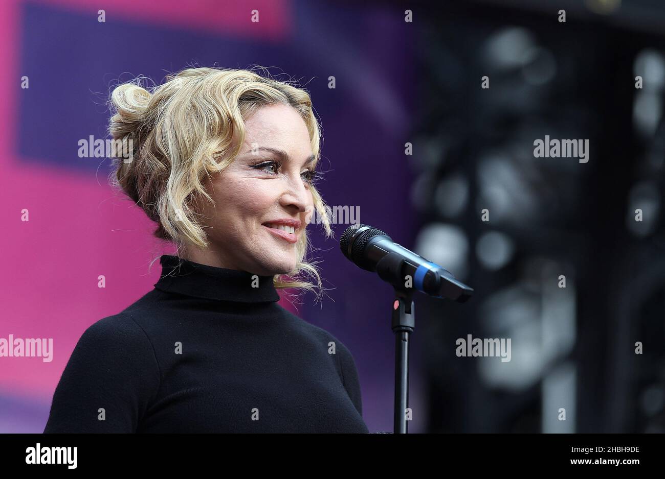 Madonna on stage at Sound of Change Live Concert at Chime for Change at Twickenham, London. Stock Photo