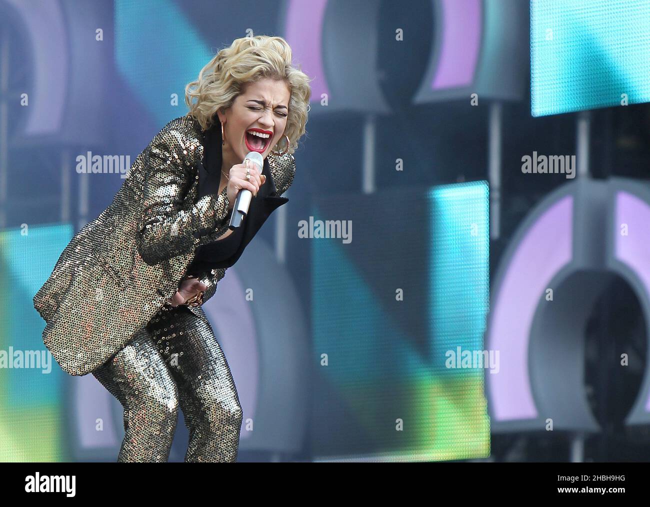 Rita Ora performs on stage at Sound of Change Live Concert at Chime for Change at Twickenham, London. Stock Photo