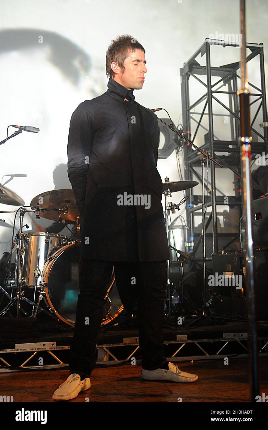 Liam Gallagher performs with Beady Eye on stage at the Camden Centre in London. Stock Photo