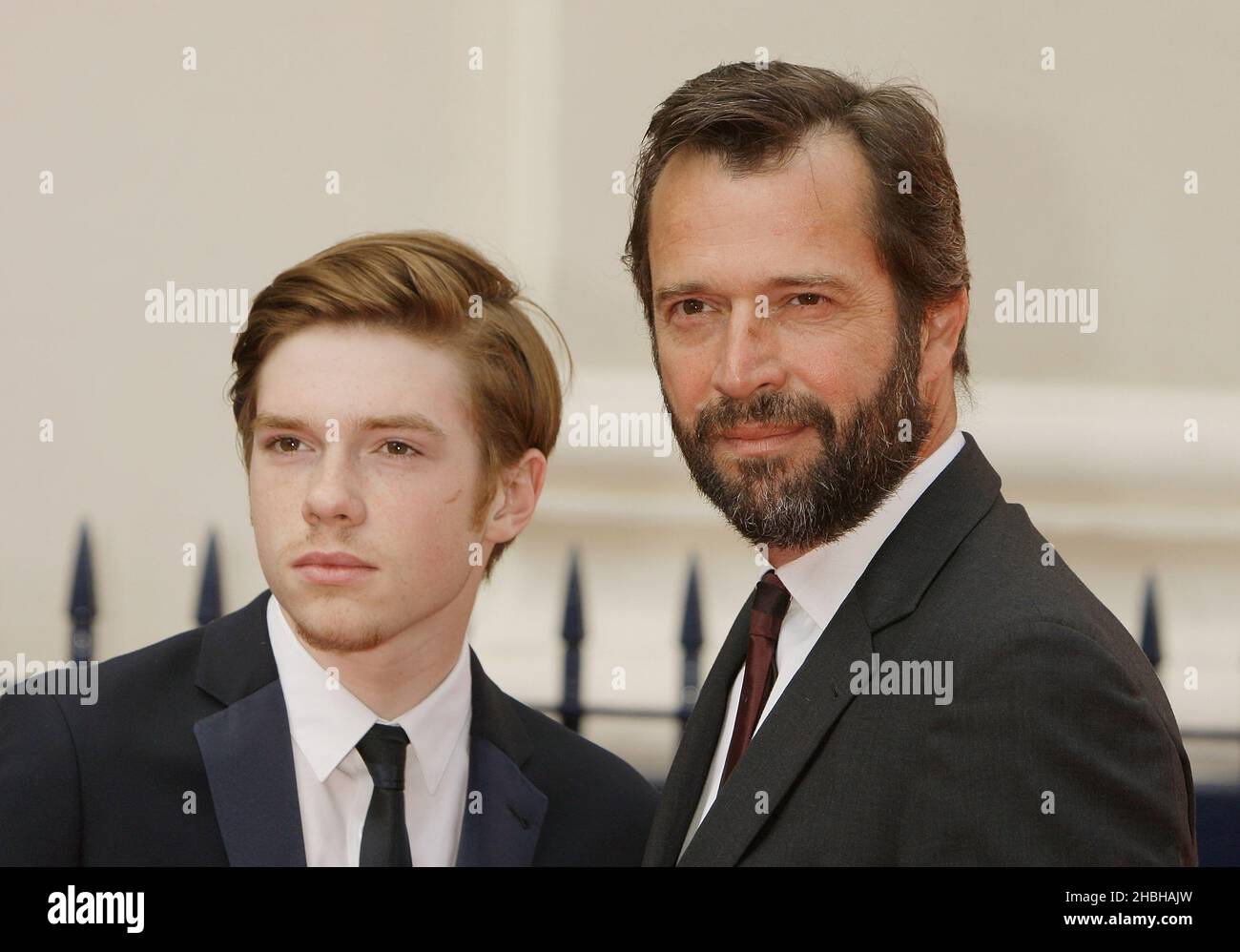 James Purefoy (right) and his son Joe Purefoy attending the Charlie and the Chocolate Factory Opening Night at the Theatre Royal Drury Lane in London. Stock Photo