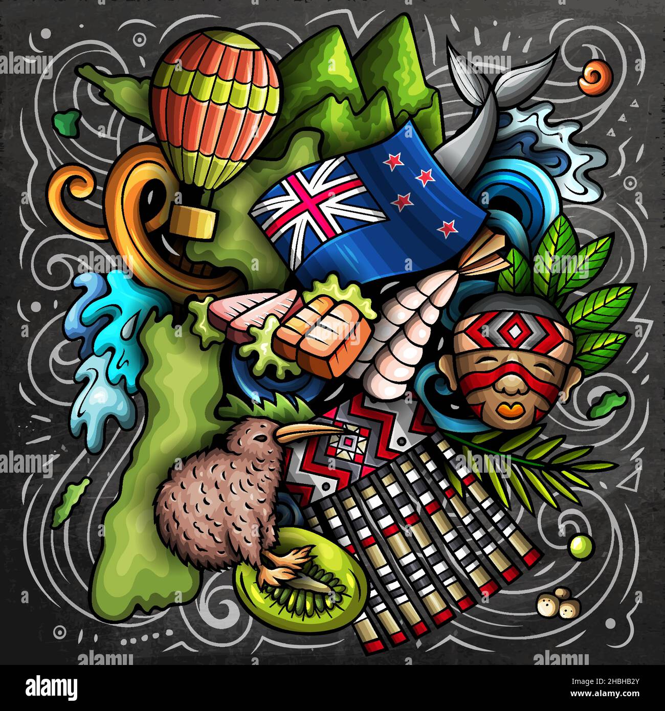 New Zealand cartoon vector doodle chalkboard illustration Stock Vector