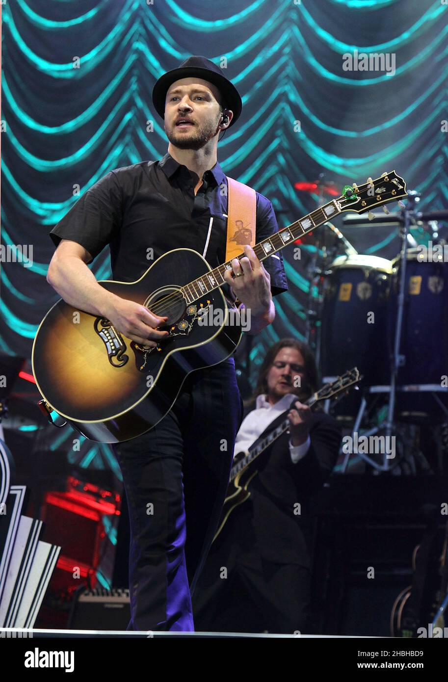 Justin Timberlake headlines and performs on stage at the Wireless Festival Day 1 at Olympia Park, Stratford in East London. Stock Photo