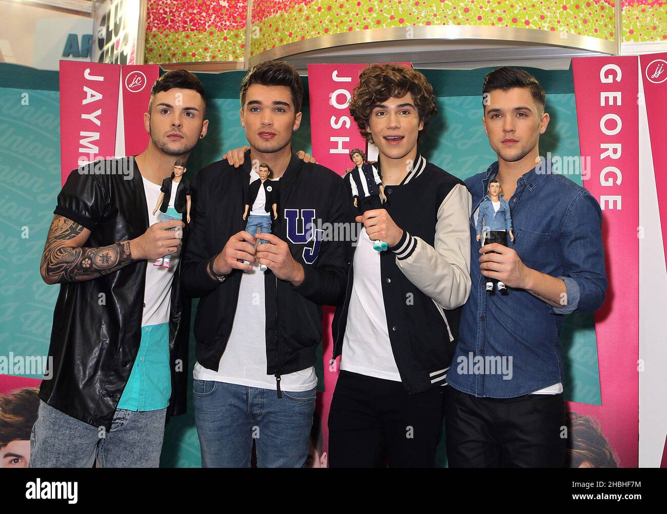 Jaymi Hensley,Josh Cuthbert, George Shelley,JJ Hamblett of Union J attend  and promote their dolls at The Toyfair at Olympia London Stock Photo - Alamy